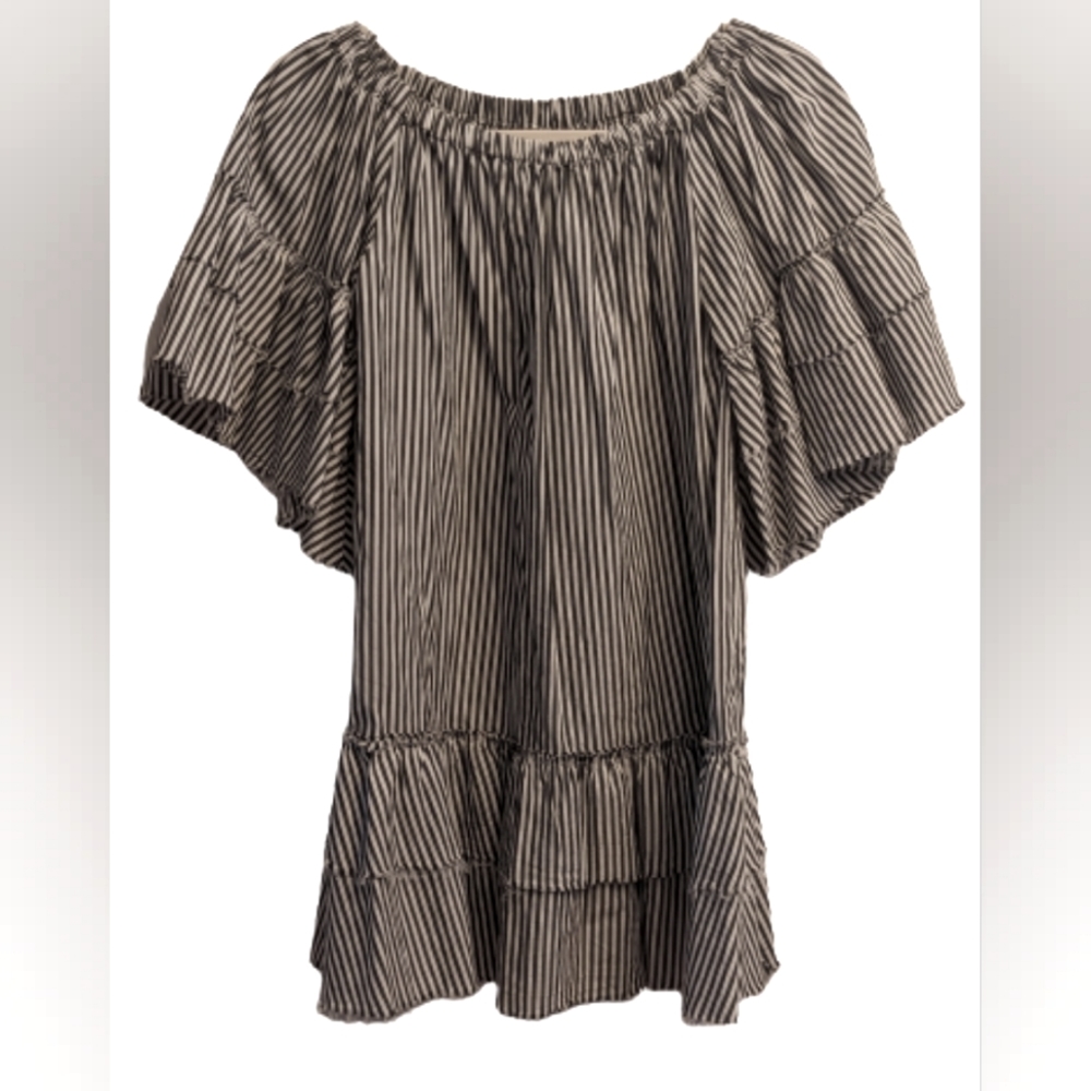 EUC ZARA Woman Premium grey/white striped tiered ruffle hems off shoulder mini